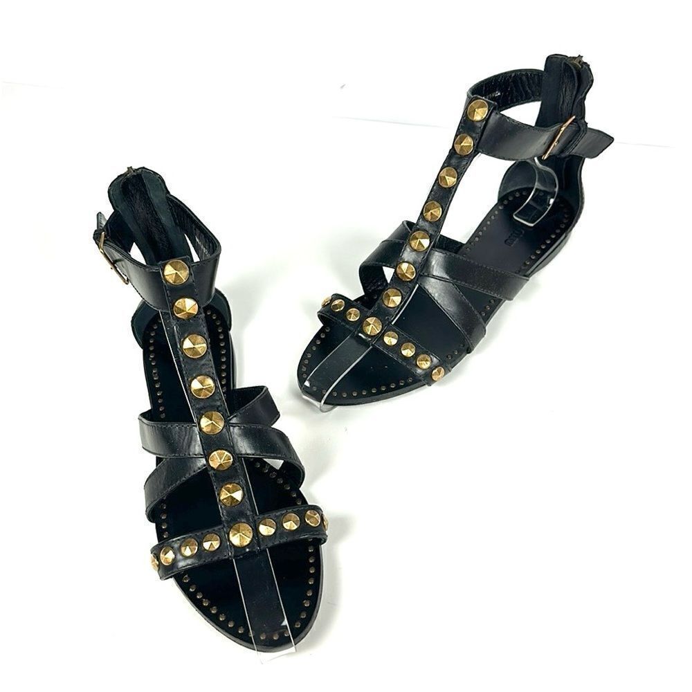 Miu Miu Black Leather Studded Gladiator Sandals with Gold Accents - Picture 2 of 14